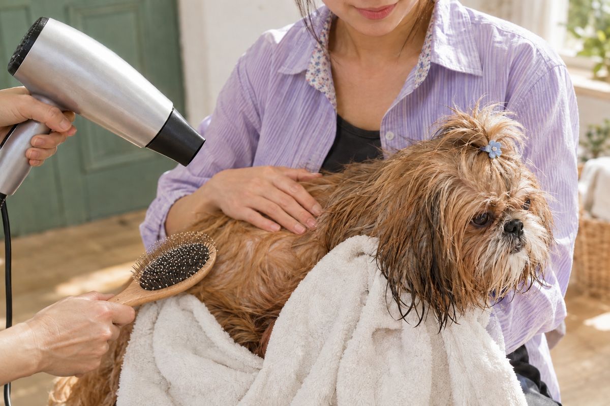 Dog groomer blow-drying and brushing a damp, shaggy little dog wrapped in a towel