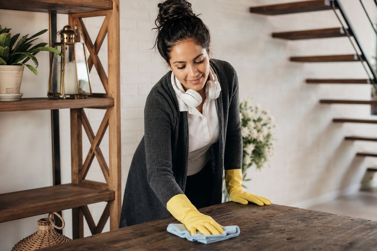 House cleaner, a young Hispanic woman with a messy high bun, in yellow gloves wiping a wooden table in a bright home