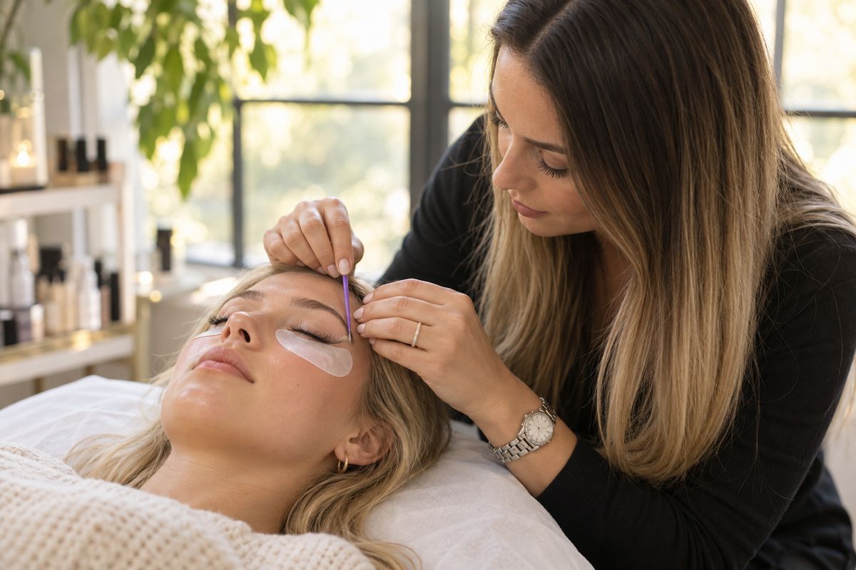 Lash artist separating the lashes of a young woman resting with her eyes closed on a treatment bed by a sunny window
