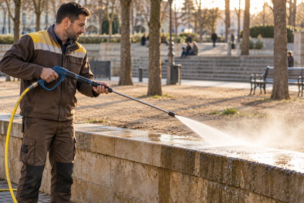 Pressure washing pro spraying down a stone wall in a city park on a sunny afternoon